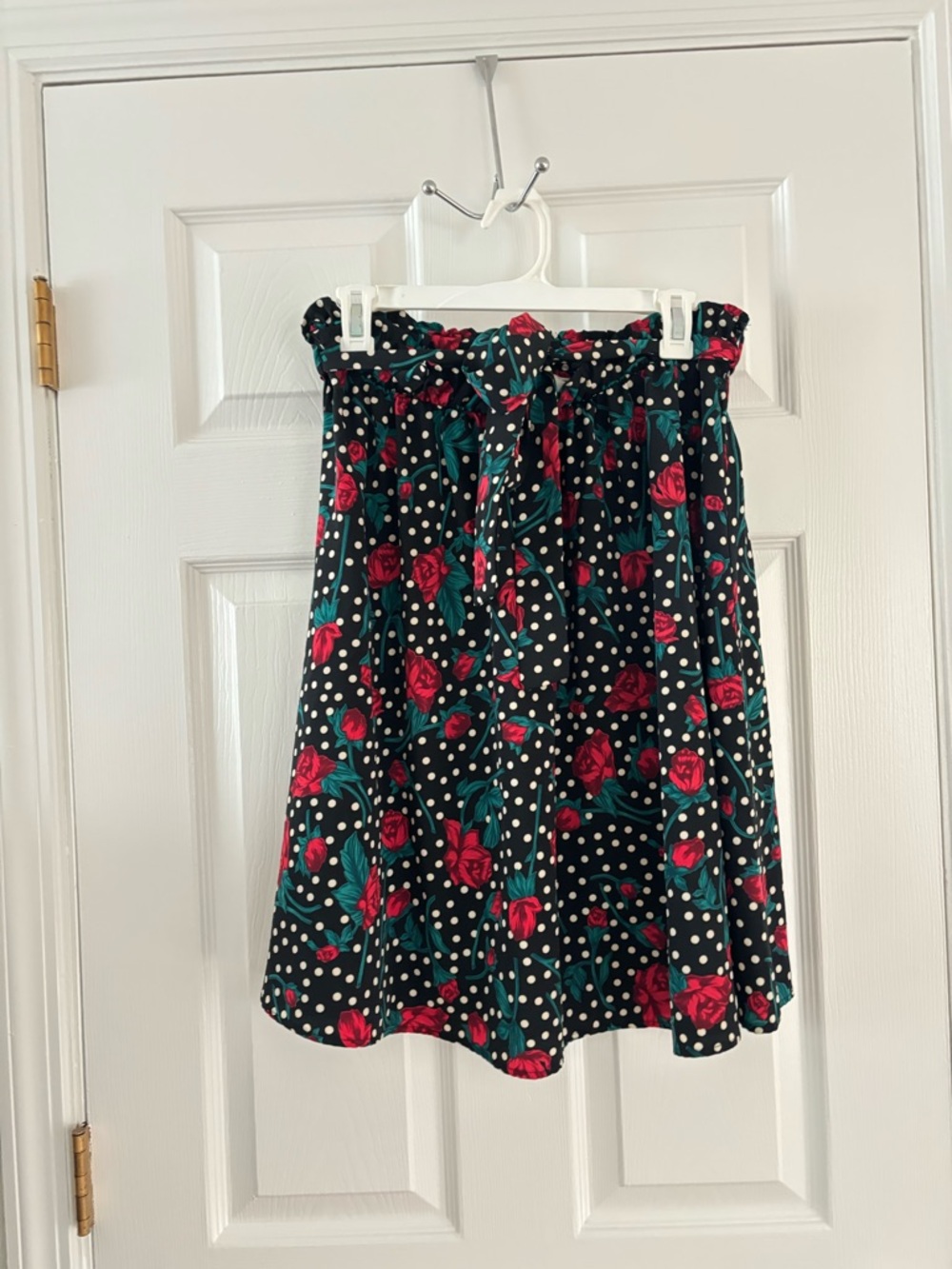 ModCloth Tie-Waist A-Line Skirt with Polka Dots and Red Rose Print
